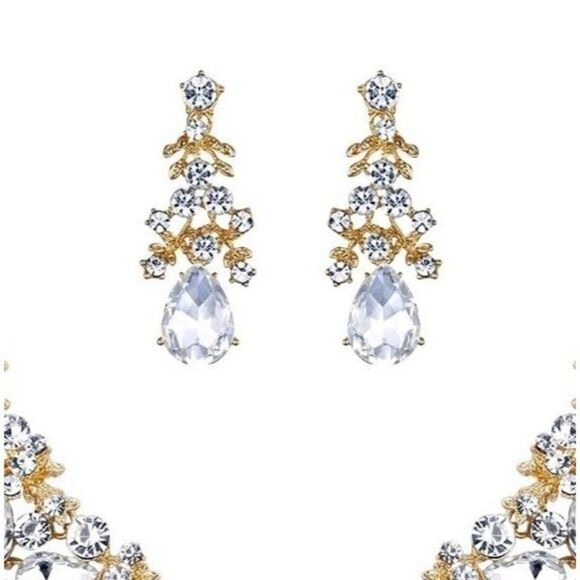 Yellow Gold with White Diamond Austrian Crystal Floral Necklace & Earrings Set - Picture 2 of 6